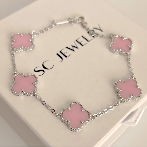 Hot Pink Clover Bracelet 5 Motif Double Sided Silver Chain - Picture 1 of 11